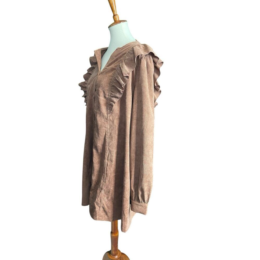 Shein Corduroy Button Up Dress with Ruffles Brown Women Size XL New Without Tags - Picture 9 of 10